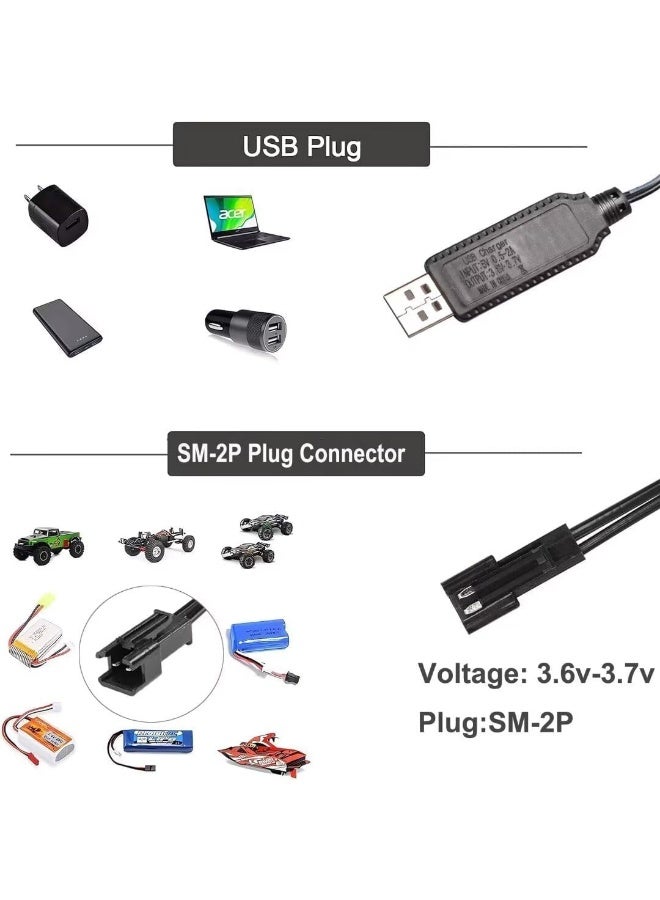 Peachjoy Battery Charger Cable USB Charging Cord, 3.6V 3.7V for LiPo Rechargeable Batteries, SM-2 Pin Plug, Compatible with RC Toys, Cars, Trucks, Tanks, Trains, Boats - Image 4